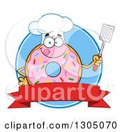 Poster, Art Print Of Cartoon Happy Round Pink Sprinkled Donut Chef Character Holding A Spatula Over A Blank Banner And Blue Circle