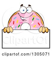 Cartoon Happy Round Pink Sprinkled Donut Character Over A Blank Sign