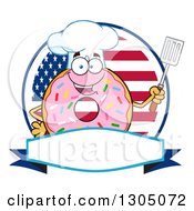Poster, Art Print Of Cartoon Happy Round Pink Sprinkled Donut Chef Character Holding A Spatula Over A Blank Banner And American Circle