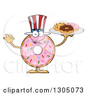 Poster, Art Print Of Cartoon Happy Round Pink American Sprinkled Donut Character Holding A Plate Of Doughnuts