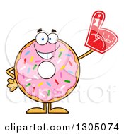 Cartoon Happy Round Pink Sprinkled Donut Character Wearing A Foam Finger