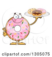Poster, Art Print Of Cartoon Happy Round Pink Sprinkled Donut Character Licking His Lips And Holding A Plate Of Doughnuts