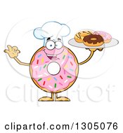 Cartoon Happy Round Pink Sprinkled Donut Chef Character Holding A Plate Of Doughnuts