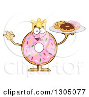 Cartoon Happy Round Pink Sprinkled Donut King Character Holding A Plate Of Doughnuts