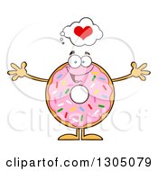 Poster, Art Print Of Cartoon Loving Round Pink Sprinkled Donut Character Wanting A Hug
