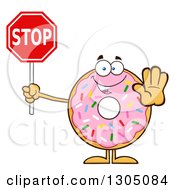 Clipart Of A Cartoon Happy Round Pink Sprinkled Donut Character Gesturing And Holding A Stop Sign Royalty Free Vector Illustration by Hit Toon