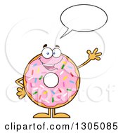 Cartoon Happy Round Pink Sprinkled Donut Character Talking And Waving