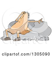 Cartoon Tired Chubby Caveman Resting Against Boulders