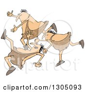 Clipart Of A Cartoon Group Of Chubby Cavemen Tripping And Falling Royalty Free Vector Illustration