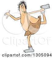 Clipart Of A Cartoon Chubby Caveman Wearing Socks And Stretching Royalty Free Vector Illustration