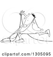 Lineart Clipart Of A Cartoon Black And White Chubby Caveman Vacuuming Royalty Free Outline Vector Illustration