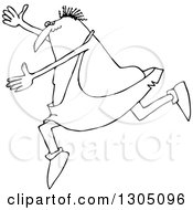Lineart Clipart Of A Cartoon Black And White Chubby Caveman Falling Forward And Tripping Royalty Free Outline Vector Illustration