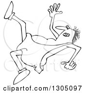 Lineart Clipart Of A Cartoon Black And White Chubby Caveman Falling Backwards Royalty Free Outline Vector Illustration by djart