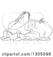 Lineart Clipart Of A Cartoon Tired Black And White Chubby Caveman Resting Against Boulders Royalty Free Outline Vector Illustration