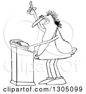 Lineart Clipart Of A Cartoon Black And White Chubby Caveman Giving A Sermon At A Podium Royalty Free Outline Vector Illustration