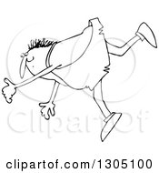 Lineart Clipart Of A Cartoon Black And White Chubby Caveman Slipping And Falling Forward Royalty Free Outline Vector Illustration