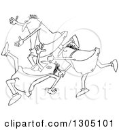 Lineart Clipart Of A Cartoon Black And White Group Of Chubby Cavemen Tripping And Falling Royalty Free Outline Vector Illustration