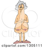Cartoon Naked Senior White Woman With Sagging Boobs And Folded Arms Peering Over Her Glasses