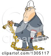 Poster, Art Print Of Cartoon Chubby White Male Construction Worker Holding A Nailer And Plug