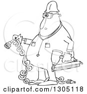 Poster, Art Print Of Cartoon Black And White Chubby Male Construction Worker Holding A Nailer And Plug