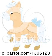 Poster, Art Print Of Happy Tan And White Horse Pony Walking And Wearing A Blue Bow