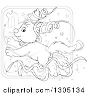 Cartoon Black And White Jumping Capricorn Astrology Zodiac Puppy Dog With Ribbons Icon