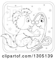 Poster, Art Print Of Cartoon Black And White Gemini Astrology Zodiac Puppy Dog Looking In A Mirror Icon