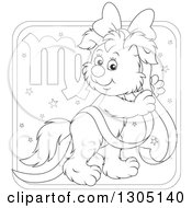 Lineart Clipart Of A Cartoon Black And White Virgo Astrology Zodiac Puppy Dog With A Pink Bow And Ribbon Icon Royalty Free Outline Vector Illustration by Alex Bannykh