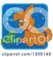 Poster, Art Print Of Cartoon Cancer Astrology Zodiac Puppy Dog With A Crab Or Crawdad Icon