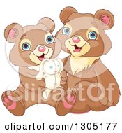 Poster, Art Print Of Cute Happy Bear Brothers Sitting With A Stuffed Bunny Rabbit