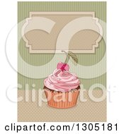 Poster, Art Print Of Cherry Topped Pink Frosted Cupcake Over Dots And Green Stripes With A Blank Frame