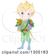 Poster, Art Print Of Cute Blue Eyed Blond Caucasian Prince In A Colorful Uniform Holding A Flower Bouquet