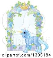 Magical Sparkly Blue Unicorn By A Garden Arbor With A Crown