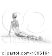 Clipart Of A 3d Anatomical Woman Stretching On The Floor In A Yoga Pose With Visible Skeleton Royalty Free Illustration