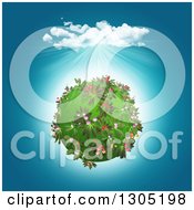 Clipart Of A 3d Glassy Globe With Spring Flowers Sunshine Clouds And Blue Royalty Free Illustration