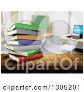 Poster, Art Print Of 3d Stack Of Colorful Books On A Wood Table Or Counter In A Class Room