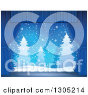 Poster, Art Print Of Stage Setting Of A Snowy Winter Landscape And Evergreen Trees Framed With Blue Drapes