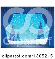 Poster, Art Print Of Stage Setting Of A Snowy Winter Landscape And Evergreens Framed With Blue Drapes