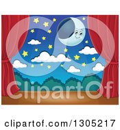 Poster, Art Print Of Stage Setting Of A Moon Stars And Clouds Framed With Red Drapes
