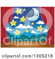Poster, Art Print Of Stage Setting Of A Moon Happy Stars And Clouds Framed With Red Drapes