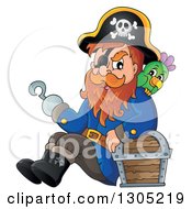 Poster, Art Print Of Cartoon Pirate Captain Sitting Leaning Against A Treasure Chest With A Parrot And Presenting With A Hook Hand
