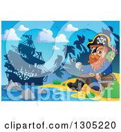 Poster, Art Print Of Cartoon Pirate Captain With A Treasure Chest And Parrot Sitting On A Beach With His Ship In The Distance