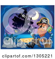 Poster, Art Print Of Cartoon Pirate Captain With A Treasure Chest And Parrot In A Cave His Ship Outside Under A Crescent Moon