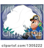 Poster, Art Print Of Cartoon Pirate Captain With A Treasure Chest And Parrot In A Cave Frame