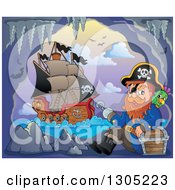 Poster, Art Print Of Cartoon Pirate Captain With A Treasure Chest And Parrot In A Cave His Ship Outside At Sunset