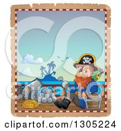 Poster, Art Print Of Cartoon Pirate Captain With A Treasure Chest And Parrot On A Ship Deck On A Parchement Page