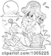 Poster, Art Print Of Cartoon Black And White Pirate Captain Sitting Leaning Against A Treasure Chest With A Parrot And Presenting With A Hook Hand