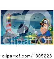 Poster, Art Print Of Cartoon Pirate Captain With A Treasure Chest And Parrot Sitting On A Beach With A Lighthouse And Ship In The Background