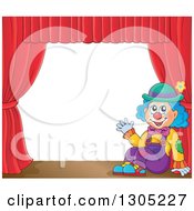 Poster, Art Print Of Cartoon Friendly Clown Sitting And Waving On Stage With Red Curtains