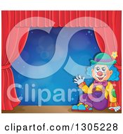Poster, Art Print Of Cartoon Friendly Clown Sitting And Waving On Stage With Red Curtains And Blue Flares